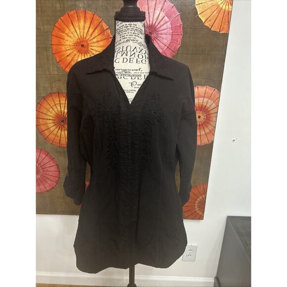 Scully Black Embroidered Western Blouse Fitted Waist 3/4 Sleeves Boho Rodeo XL - Picture 2 of 9